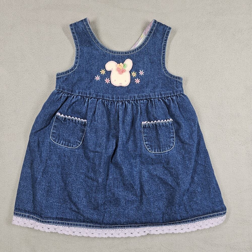 Vintage Sesame Street Dress Girls 24 Months Denim Embroidered Floral Bunny Y2K
